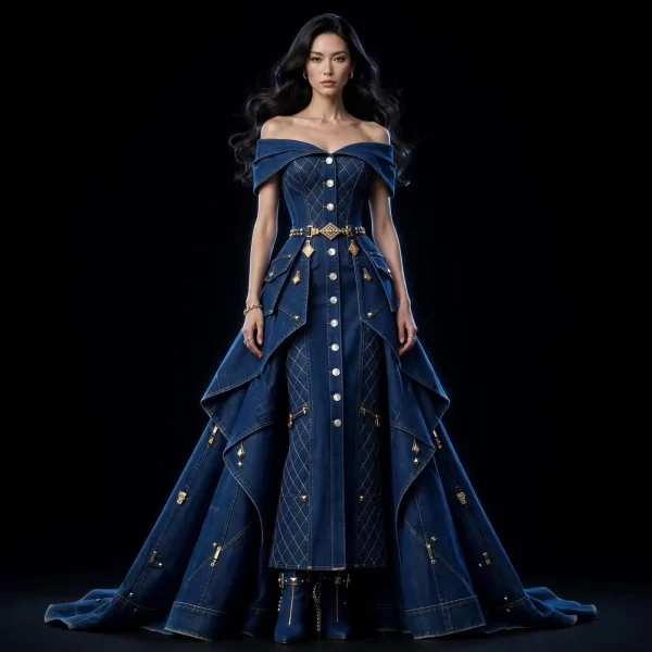 Women's Diamond Lattice Off-Shoulder Corset Ballgown - Gold Diamond Buckle Train