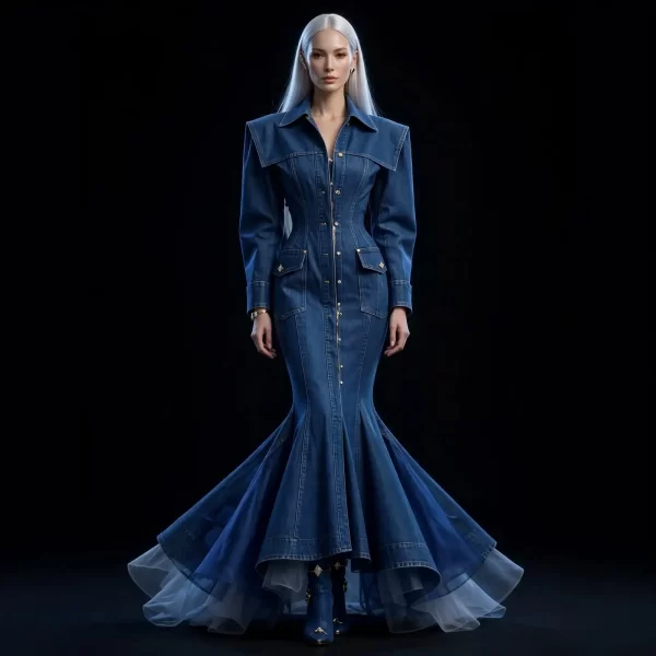 Women's Corset Power Shoulder Denim Mermaid Gown Zipper Train Tulle