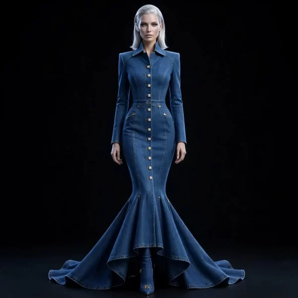 Women's Ex Monogram Diamond Button Mermaid Gown - Power Shoulder Futuristic
