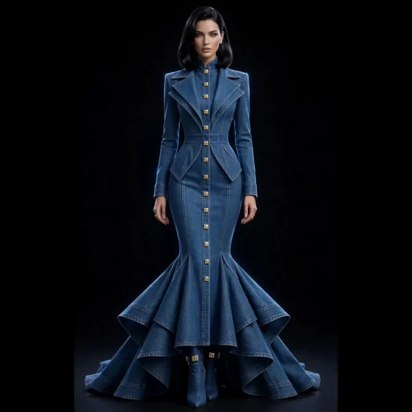 Women's Ex Gold Square Diamond Button Mermaid Gown - Peplum Tailcoat