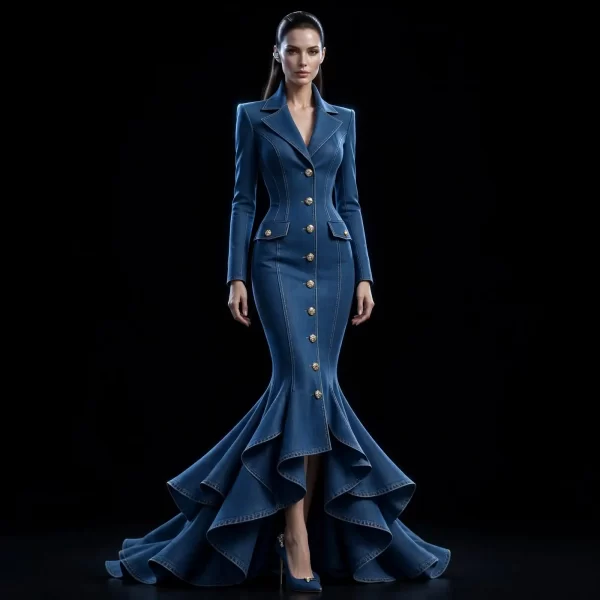 Women's Mermaid Flare Denim Blazer Gown Diamond Button Power Shoulder Train