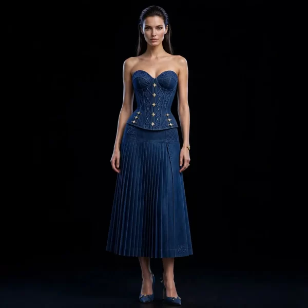 Women's Strapless Diamond Lattice Corset Pleated Midi Dress - Quilted Peplum