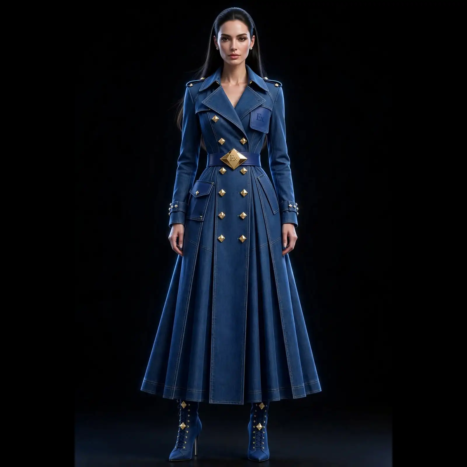 Women's Ex Gold Diamond Studded Trench Coat Gown - Double-Breasted Pleated Officer