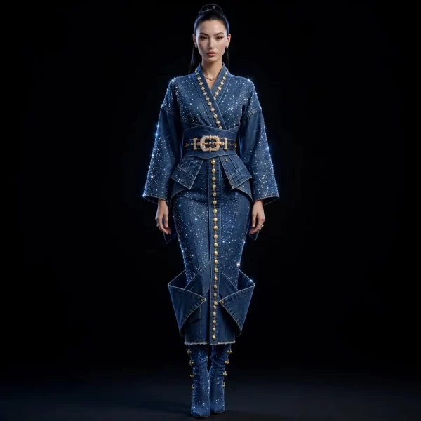 Women's Stardust Glitter Kimono Obi Gown - Diamond Button Starlight Chain