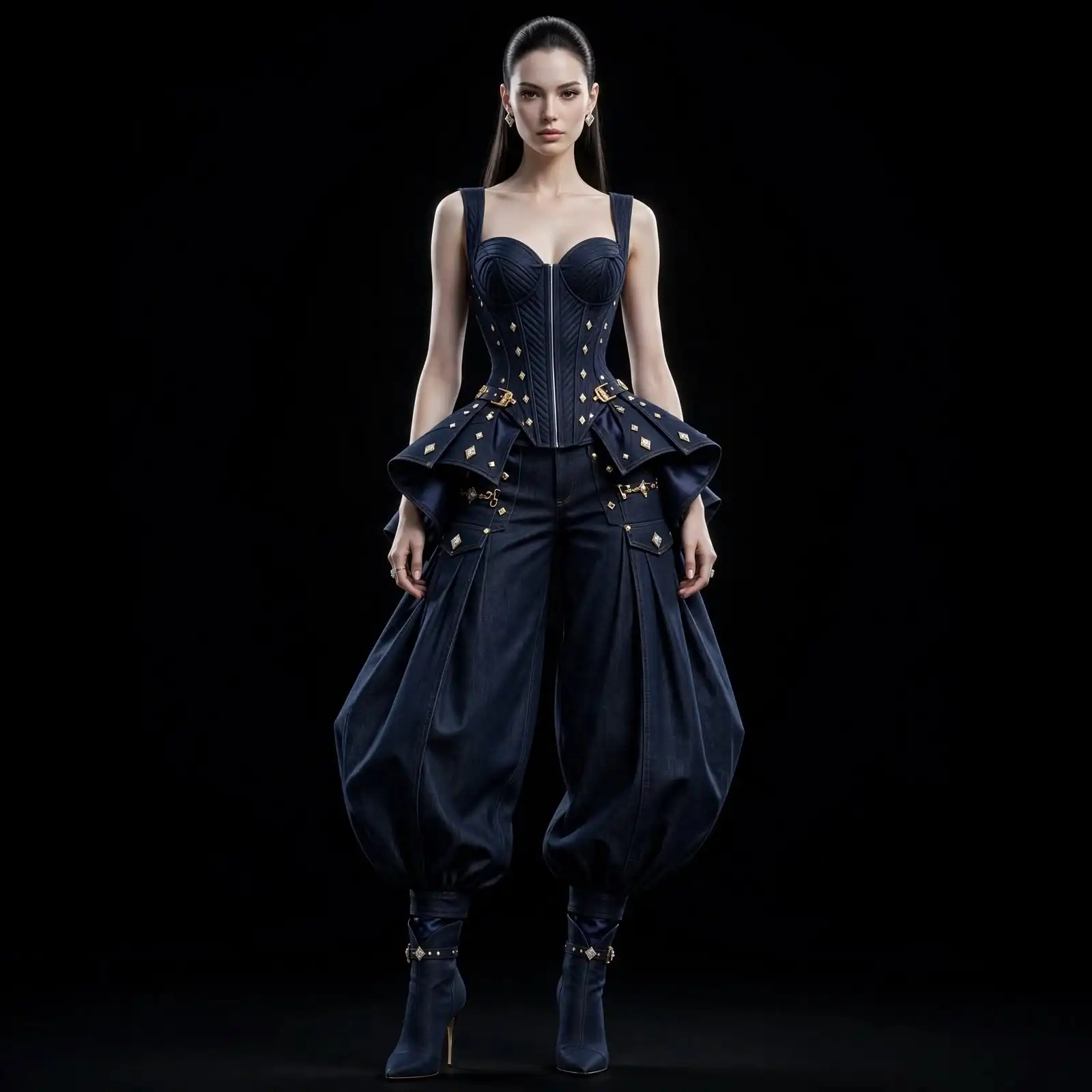 Women's Domina Studded Peplum Corset Jumpsuit - Harem Balloon Couture
