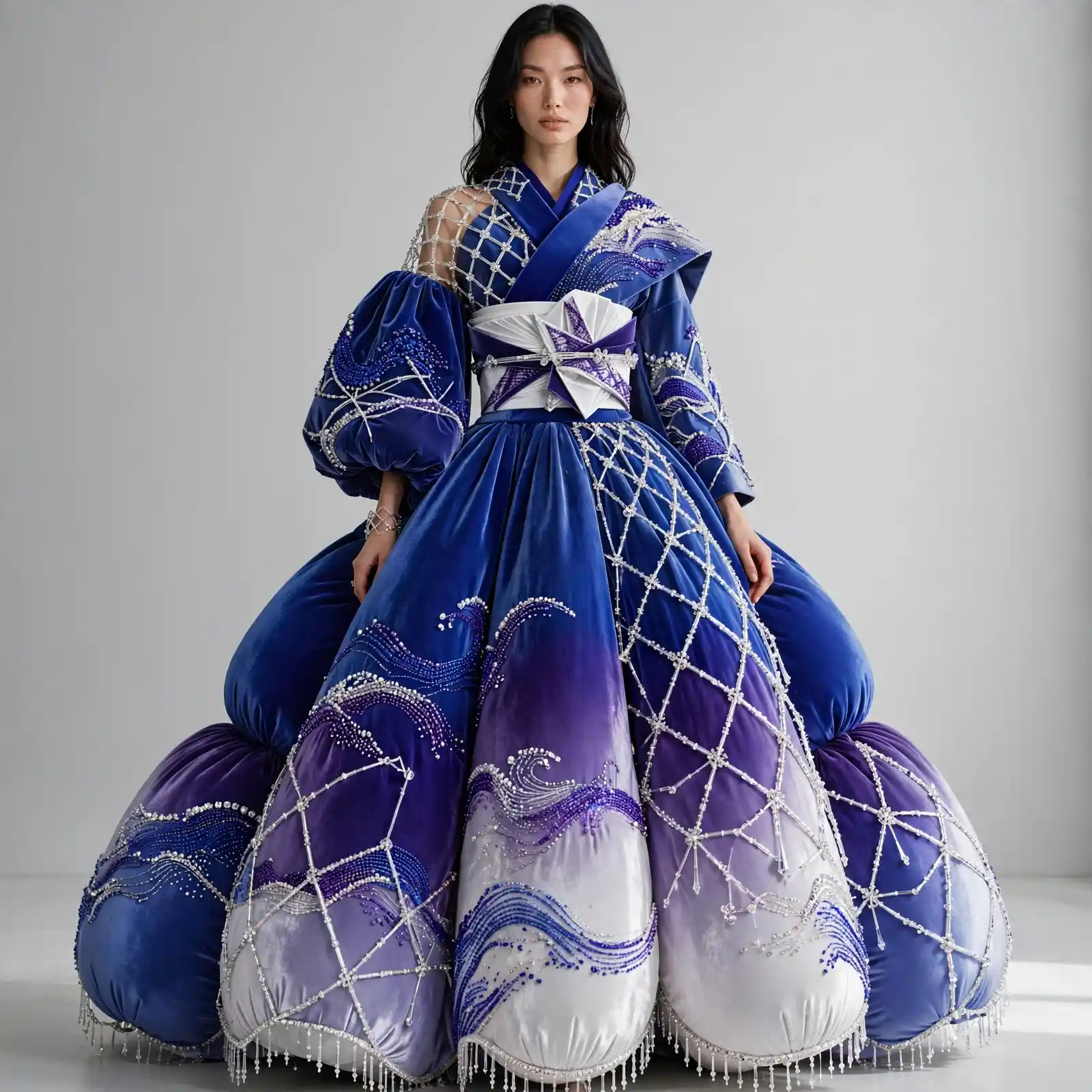 ExpensiveE Royal Blue Kimono Obi Wave Pearl Cage Bubble Ball Gown with Puff Sleeve