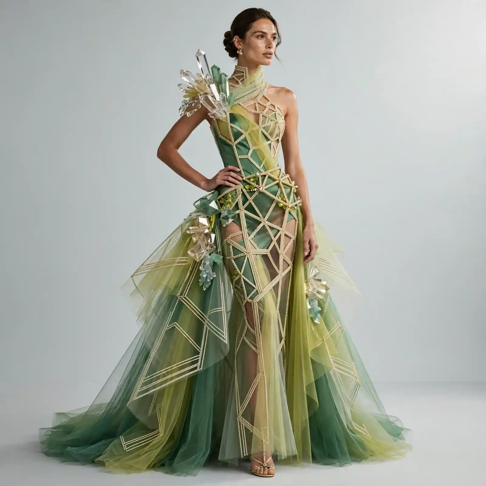 ExpensiveE Sage Mint Green Gold Crystal Geometric Cage Armor Crystal Shoulder Gown