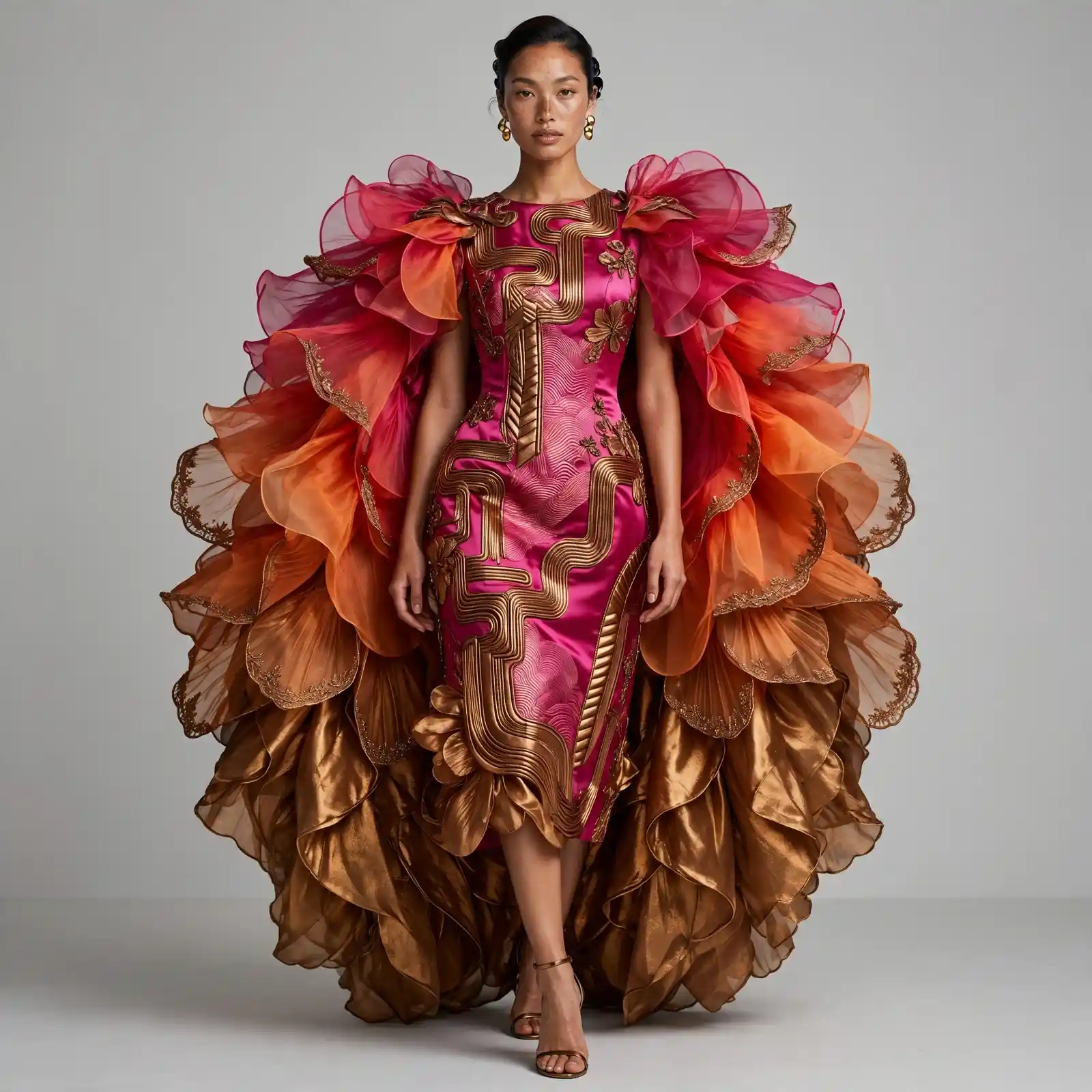 ExpensiveE Fuchsia Orange Gold Sculpted Ruffle Wing Cape MermaidGown