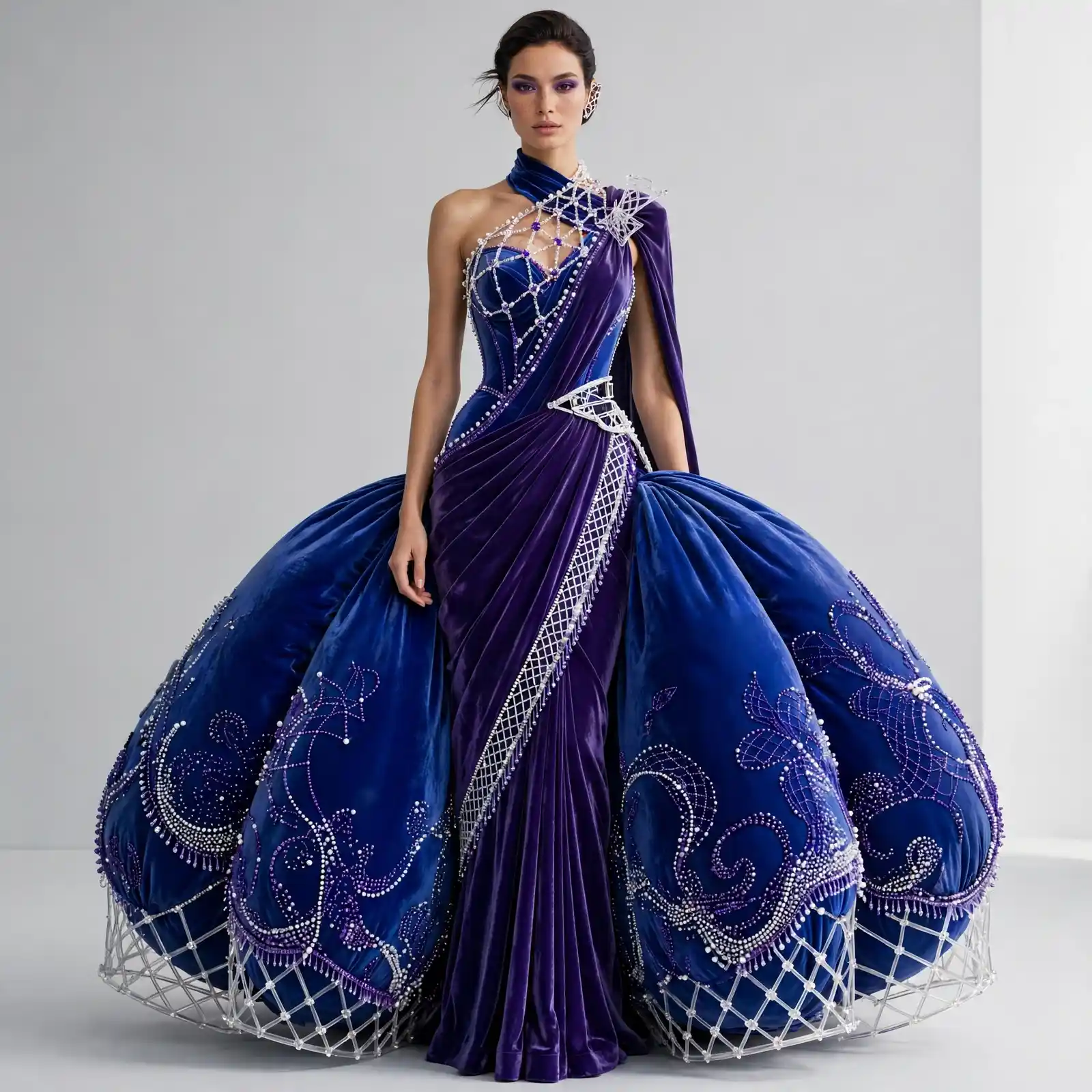 ExpensiveE Royal Purple Blue Pearl Crystal Lattice Balloon Gown