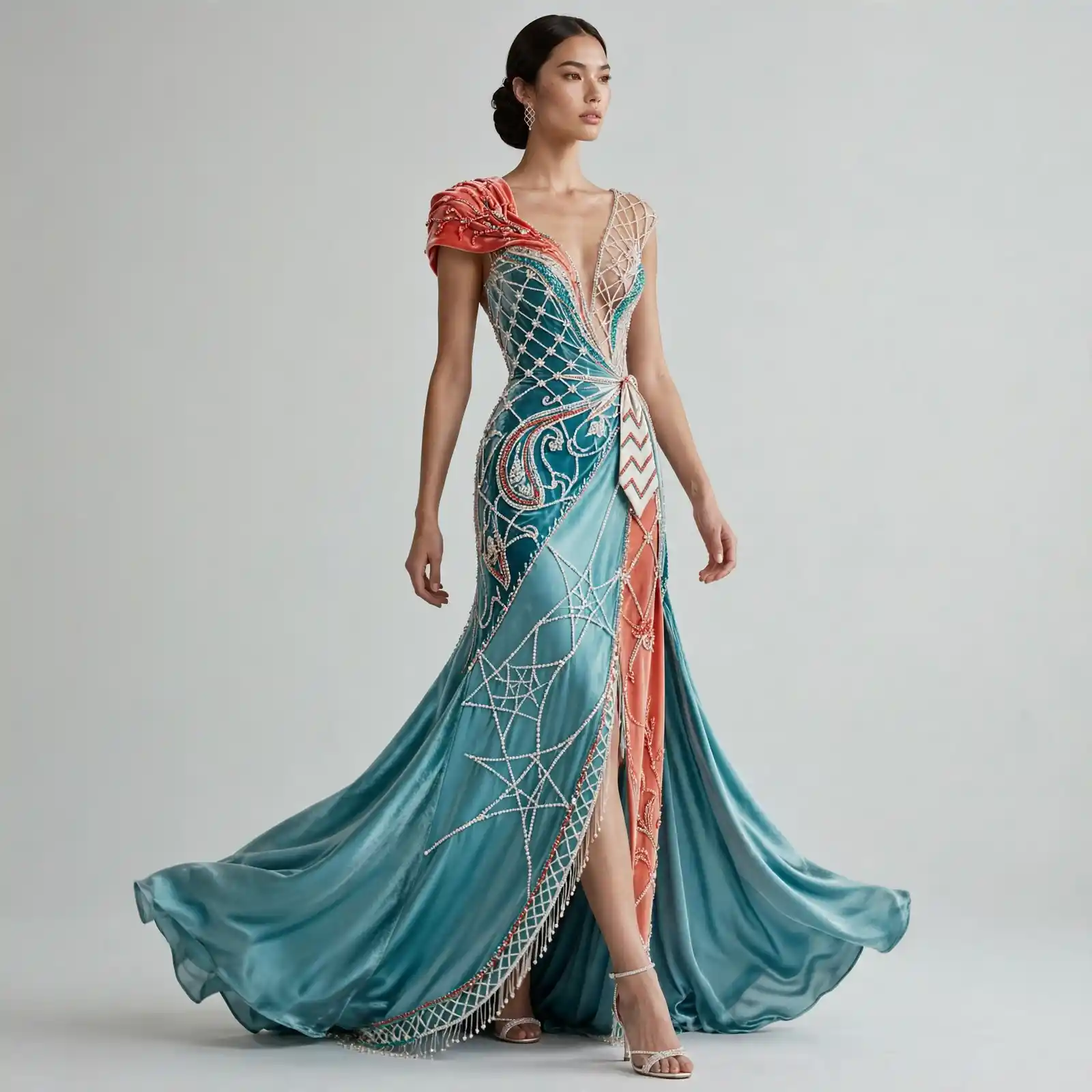 ExpensiveE Navy Silver Mirror Fan Art Deco Pleated Layered Cape Gown With Tassel - P6314-KO-AR