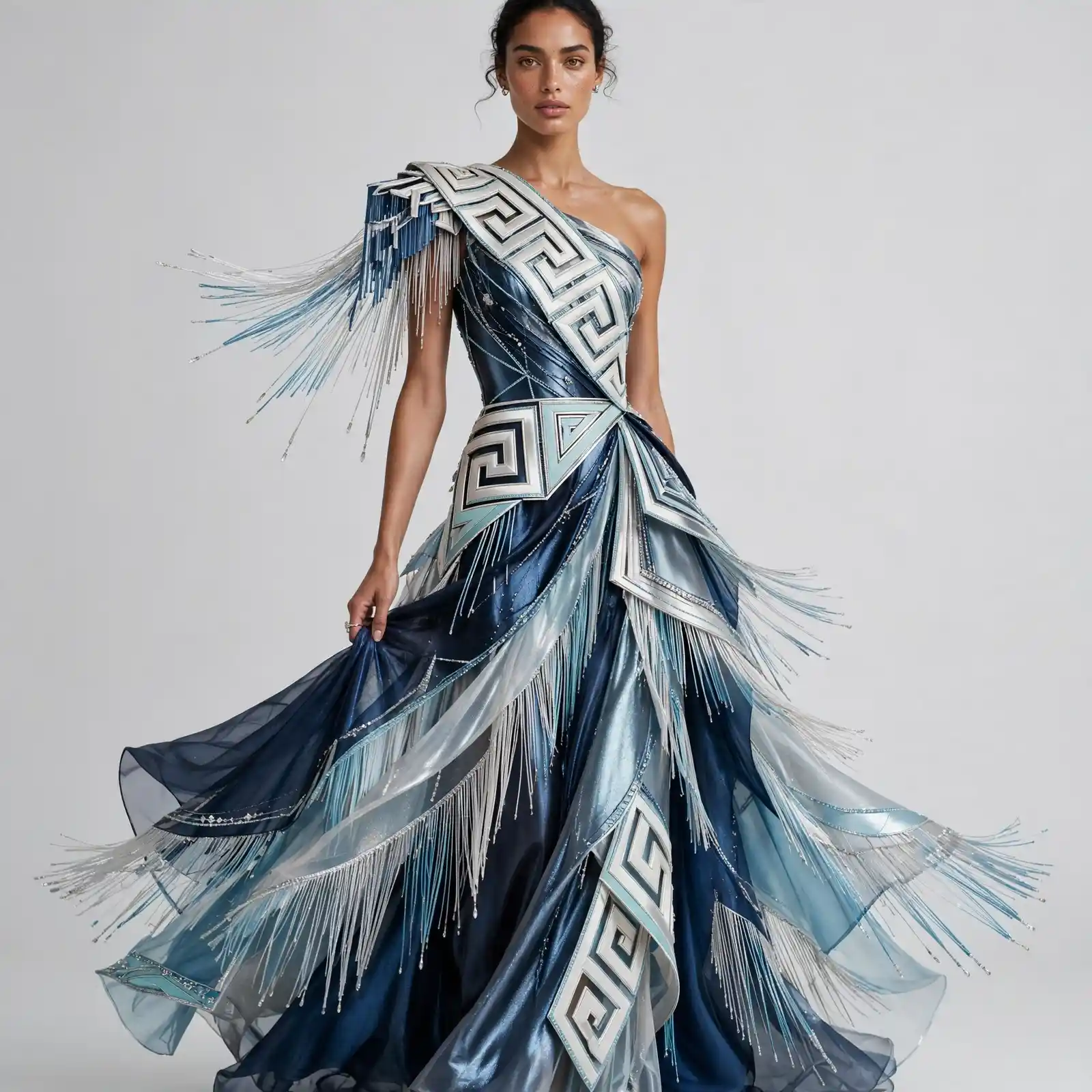ExpensiveE Navy Silver Greek Meander Fringe Draped SareeGown