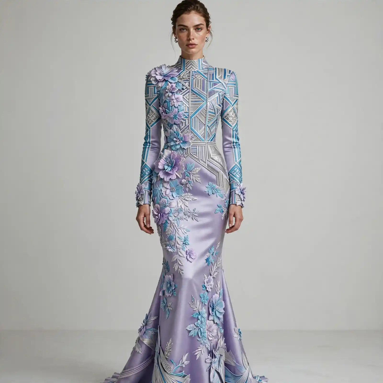 ExpensiveE Lavender Aqua Blue 3D Floral Bow Ruffle Layered LehengaGown Set