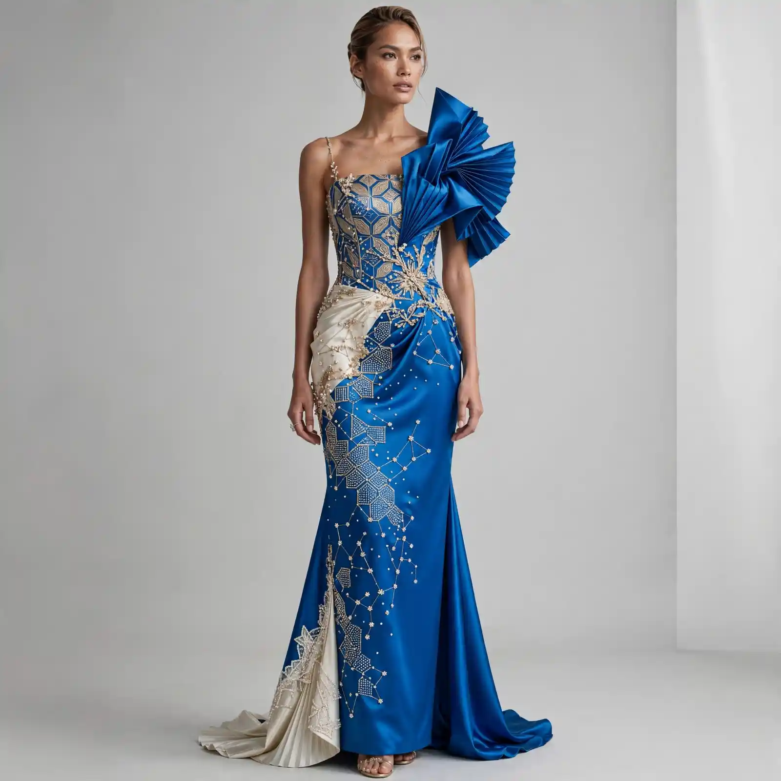 ExpensiveE Royal Blue Gold Ivory Constellation Origami Fan Shoulder Mermaid Gown