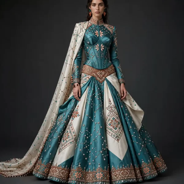 ExpensiveE  Teal Green White Ethnic Kamarbandh Cape Lehenga Evening Gown with Star Constellation