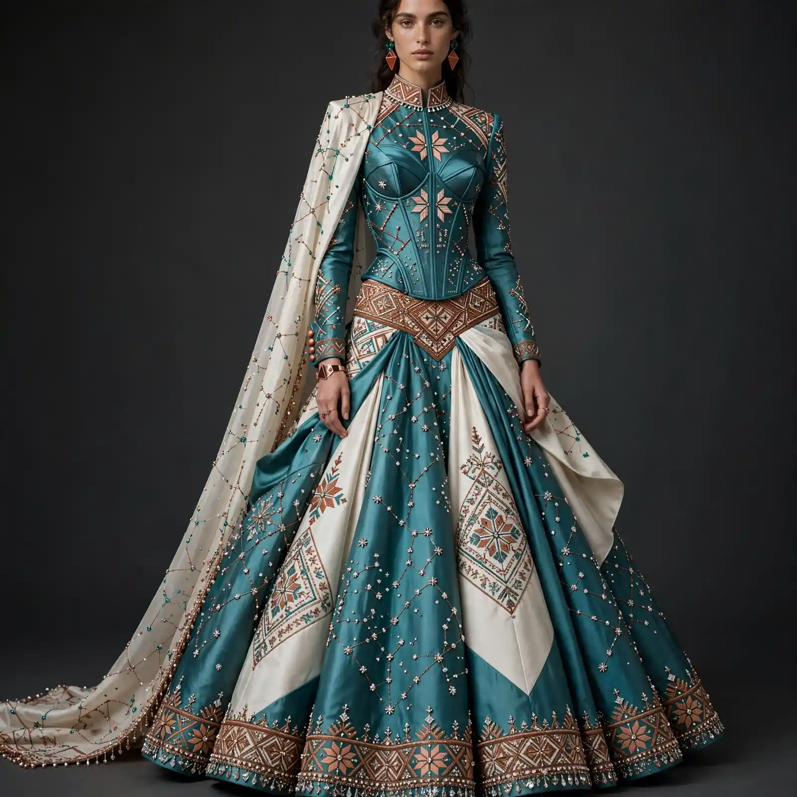 ExpensiveE Teal Green White Ethnic Kamarbandh Cape Lehenga Evening Gown with Star Constellation