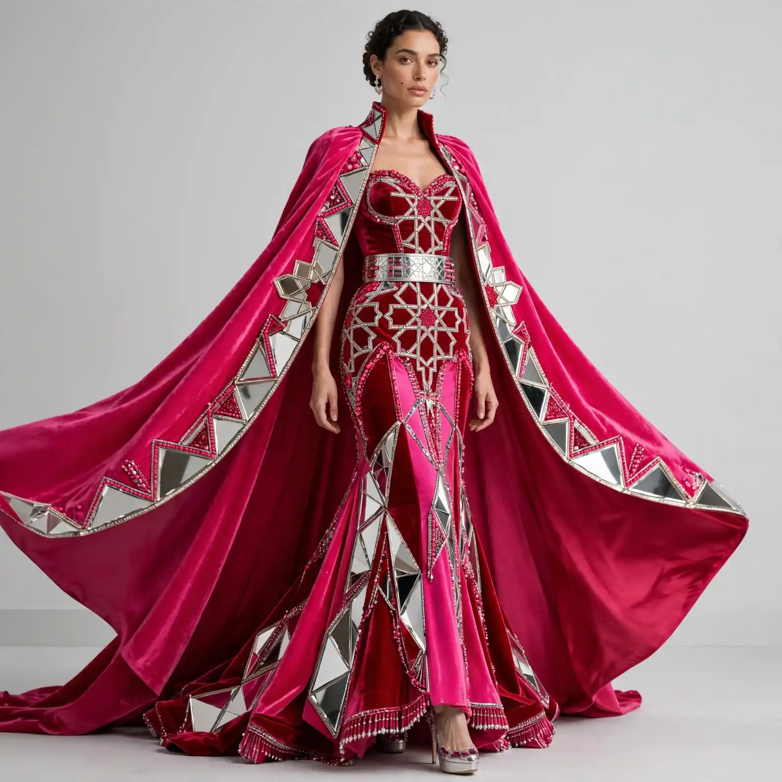 ExpensiveE Fuchsia Pink Red Silver Mirror Triangle Geometric Cape Mermaid Gown