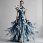 ExpensiveE  Midnight Blue Silver Cloud Wave Fringe Sculpted MermaidGown
