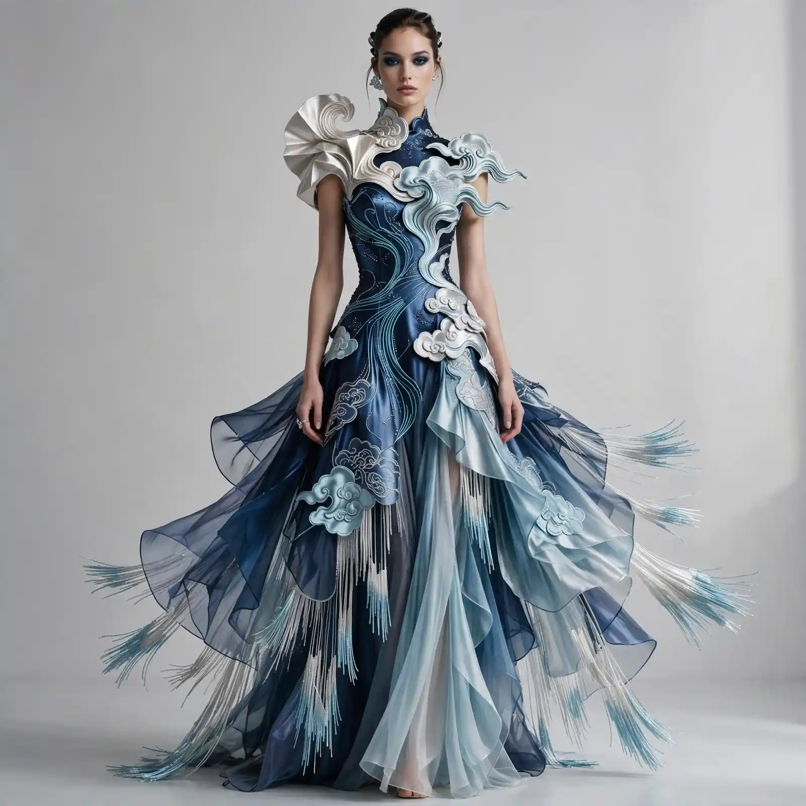ExpensiveE Midnight Blue Silver Cloud Wave Fringe Sculpted MermaidGown
