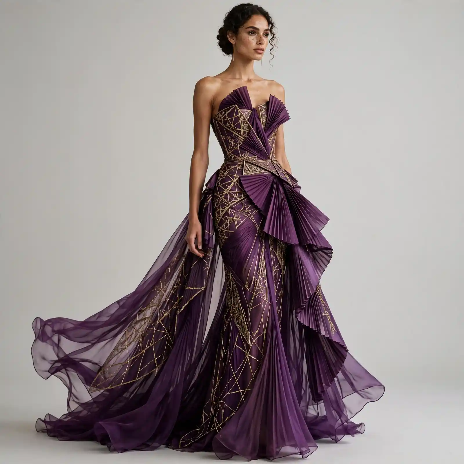 ExpensiveE Plum Purple Gold Geometric Fan Pleated Ruffle Couture Gown