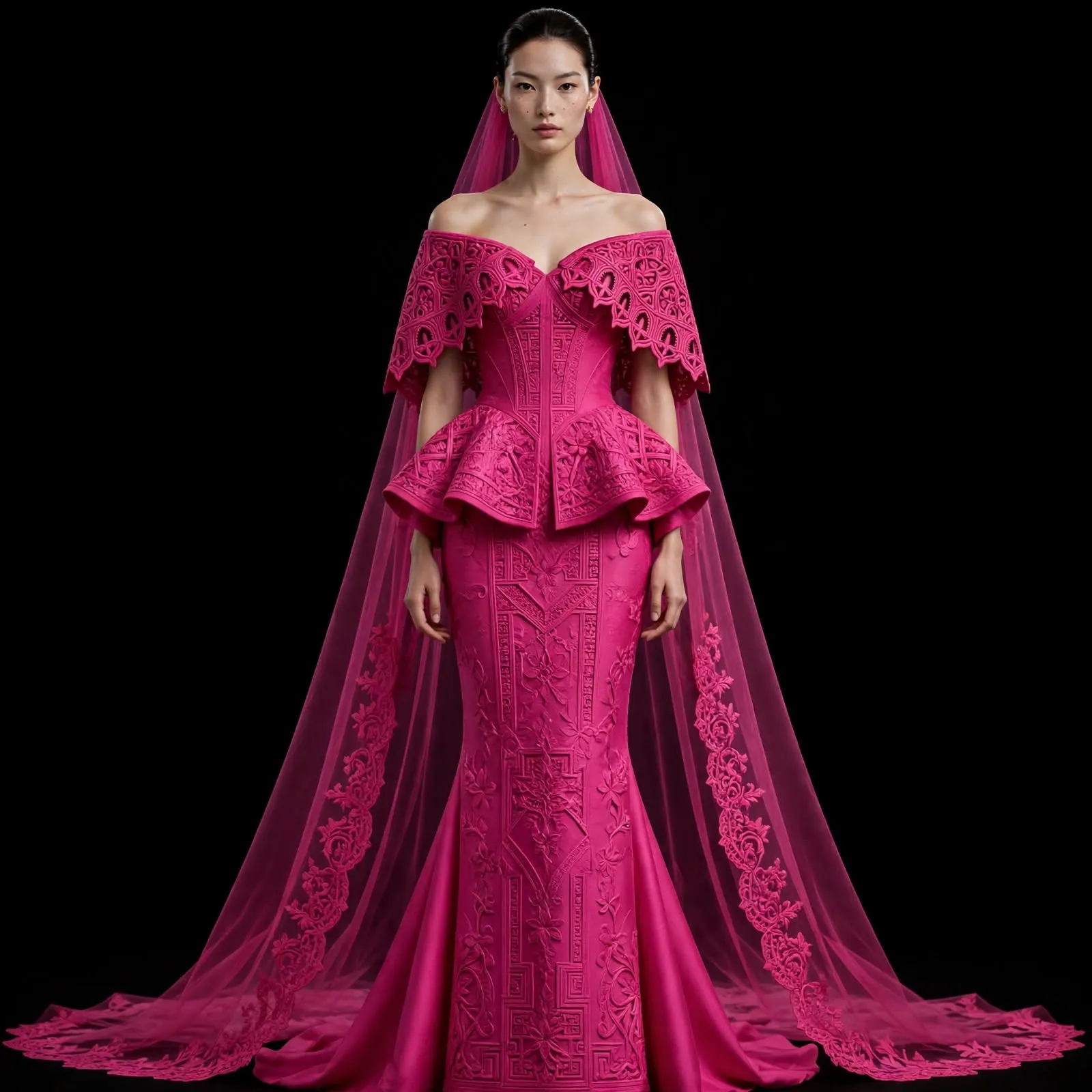 ExpensiveE Hot Pink Geometric Lattice Peplum Corset Off Shoulder Mermaid Wedding Gown