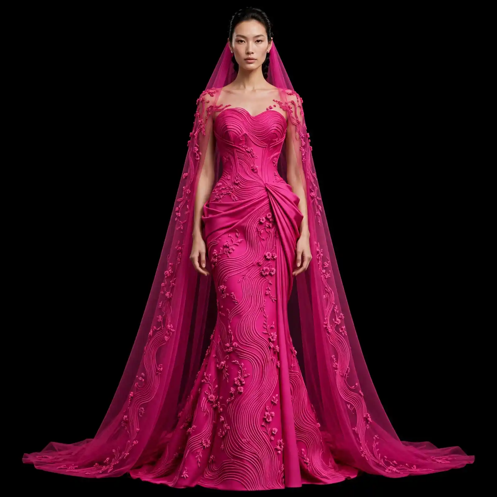 ExpensiveE Fuchsia Pink Wave Floral Ruching Draped Mermaid Wedding Gown with Cape Veil