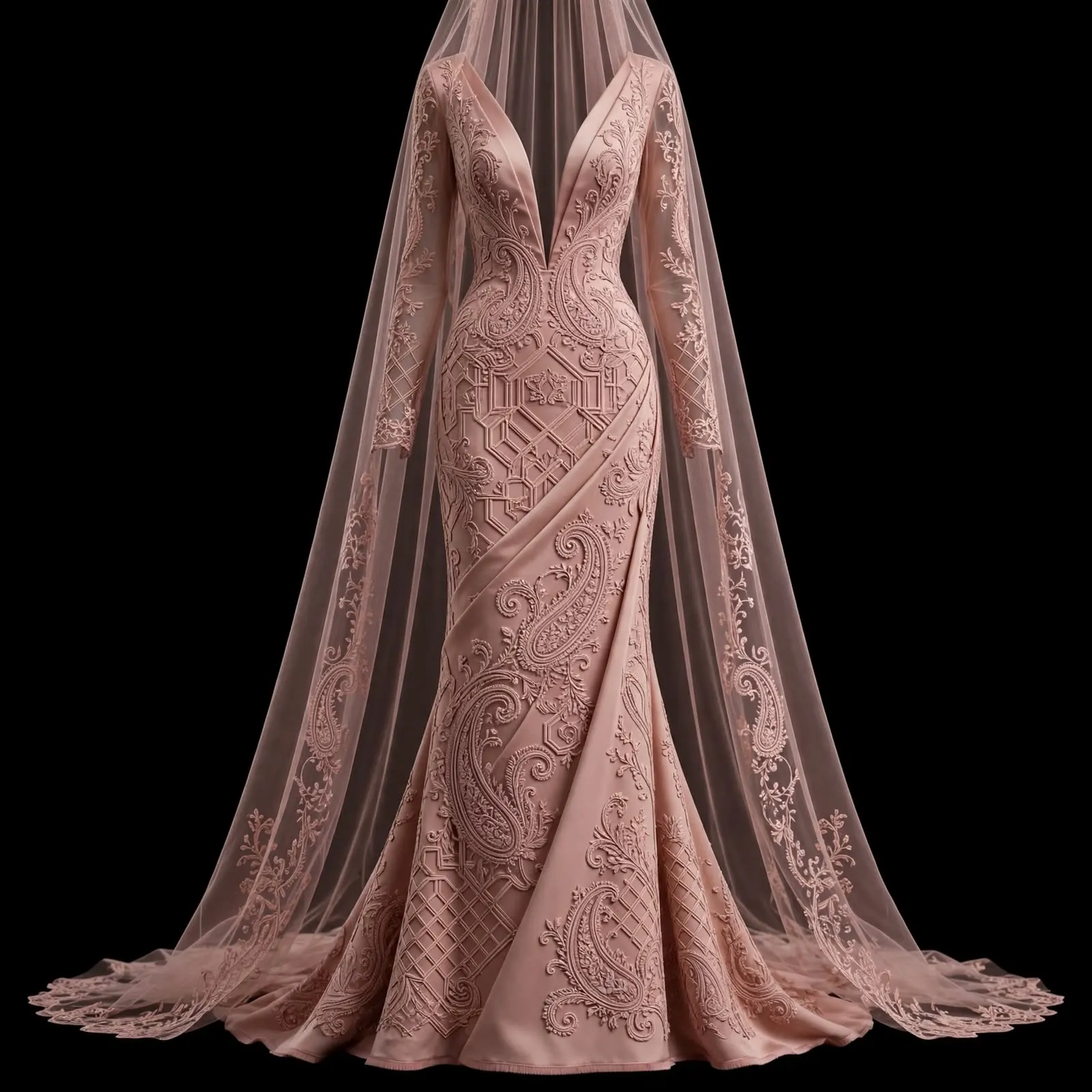 ExpensiveE White Wave Mountain Topographic Embroidered Christian Bridal BallGown with Long Veil