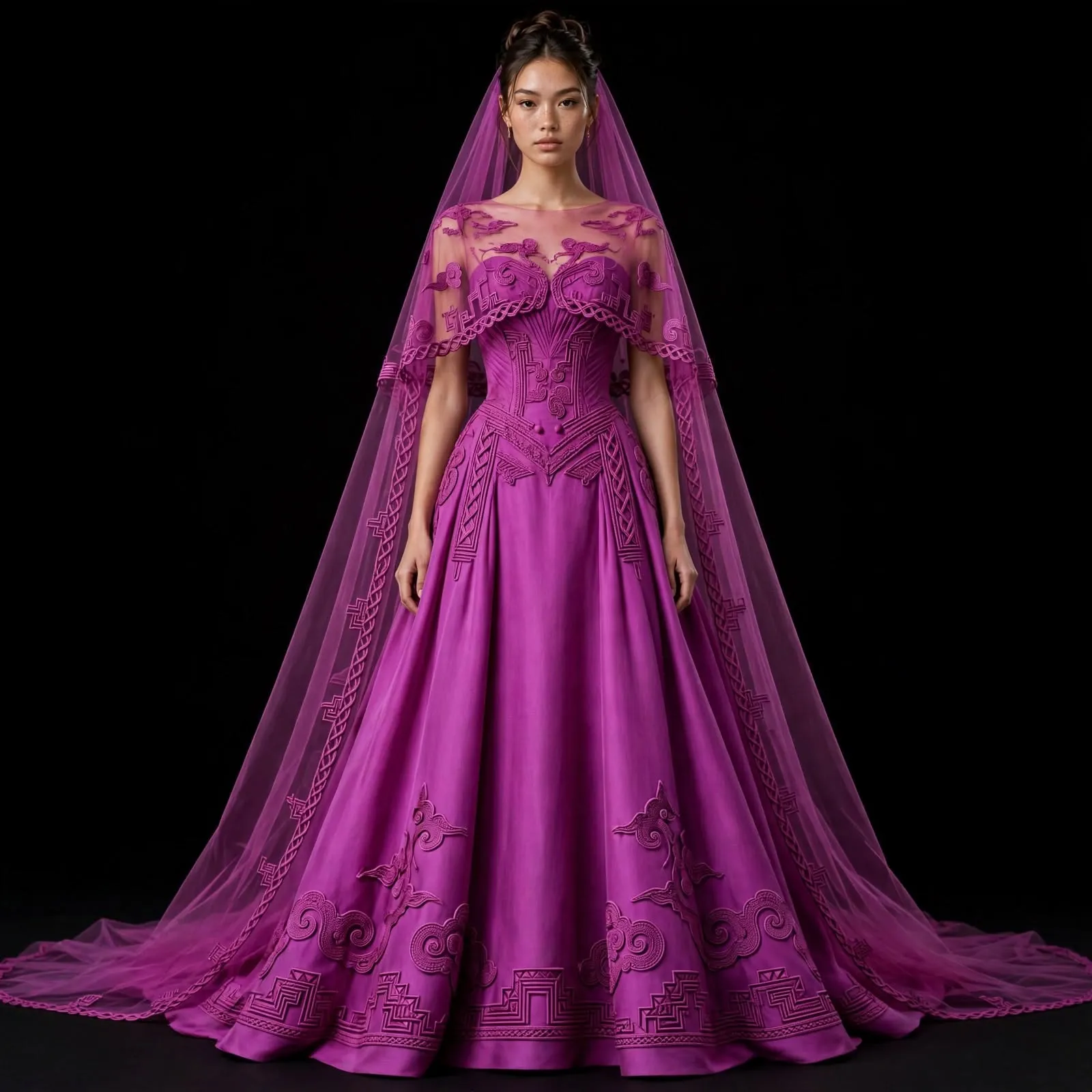 ExpensiveE Magenta Purple Celtic Knot Cloud Swirl A-Line Wedding Gown with Cape Veil