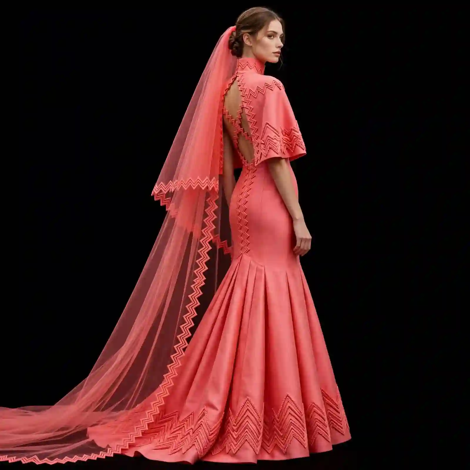ExpensiveE Coral Peach Zigzag Chevron Cape Mermaid Wedding Gown with Veil