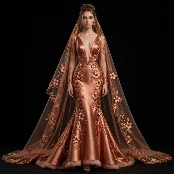 ExpensiveE  Copper Rust Plumeria Floral Fur Hem Mermaid Wedding Gown with Veil