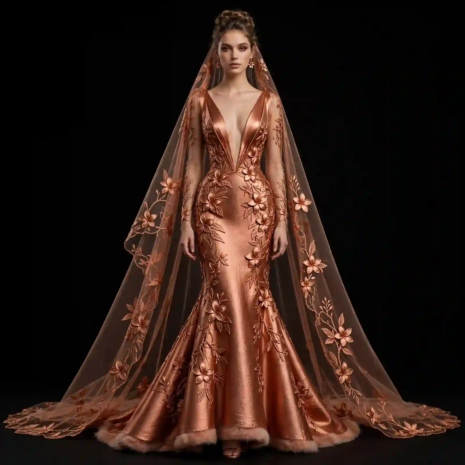 ExpensiveE Copper Rust Plumeria Floral Fur Hem Mermaid Wedding Gown with Veil