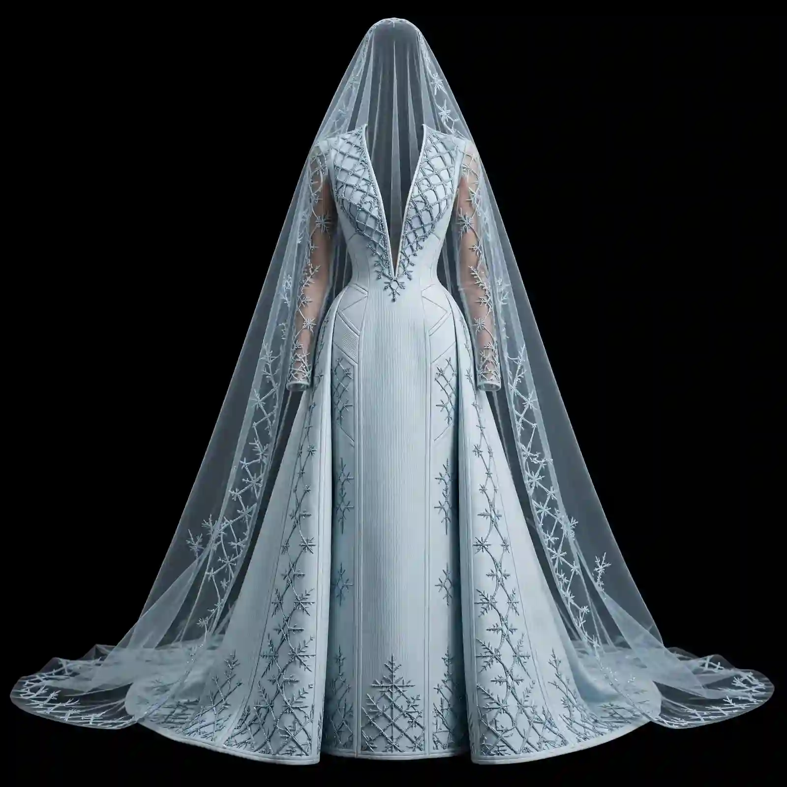 ExpensiveE Ice Blue Silver Snowflake Star Crystal Veil Corset WeddingGown with Overskirt