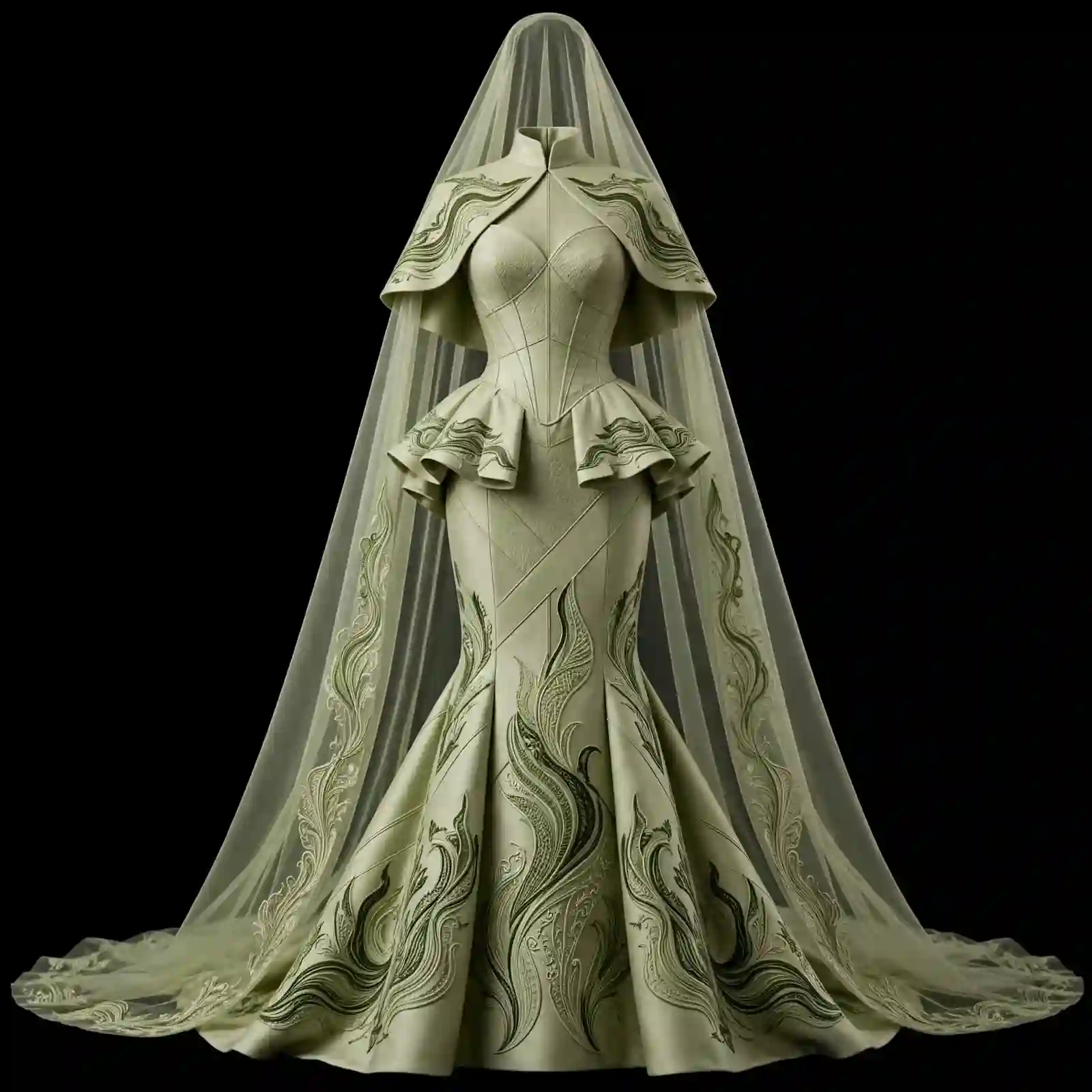 ExpensiveE Sage Cream Feather Wave Sculpted Peplum Corset Mermaid Wedding Gown with Veil