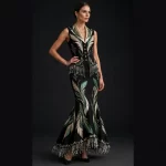 ExpensiveE  ExpensiveE  Rust Ivory Batik Leaf Splotch Draped Saree Wedding Gown with Bishop Sleeve and Batik Veil - ExpensiveE Edition
