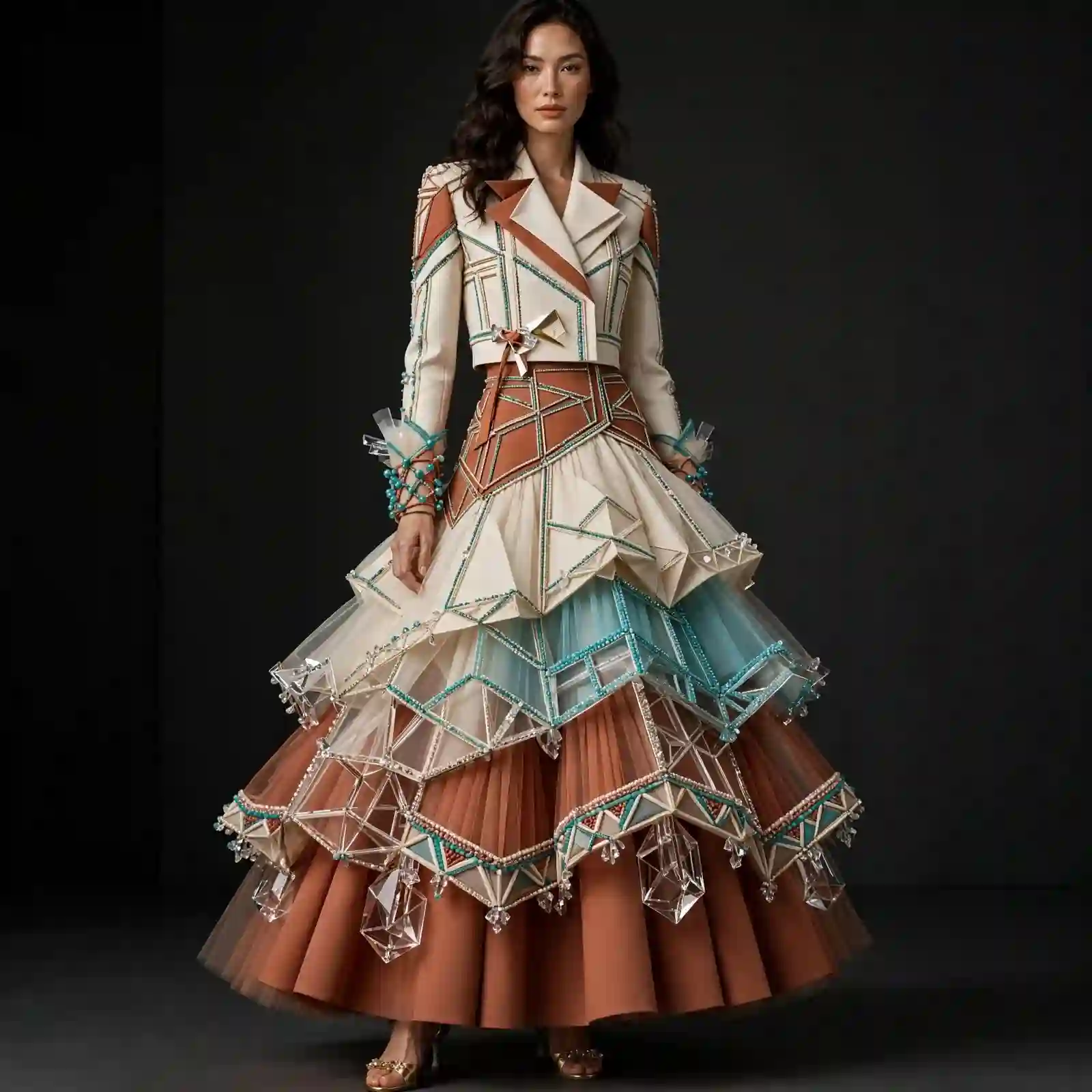 ExpensiveE Ivory Beige Terracotta Turquoise Geometric Origami Crystal Tiered BallGown Set