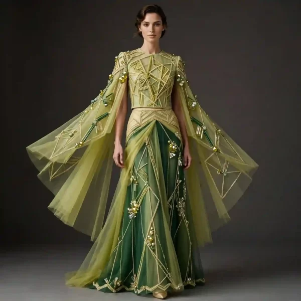 ExpensiveE  Lime Olive Green Gold Geometric Crystal Cape Draped Mermaid LehengaGown Set