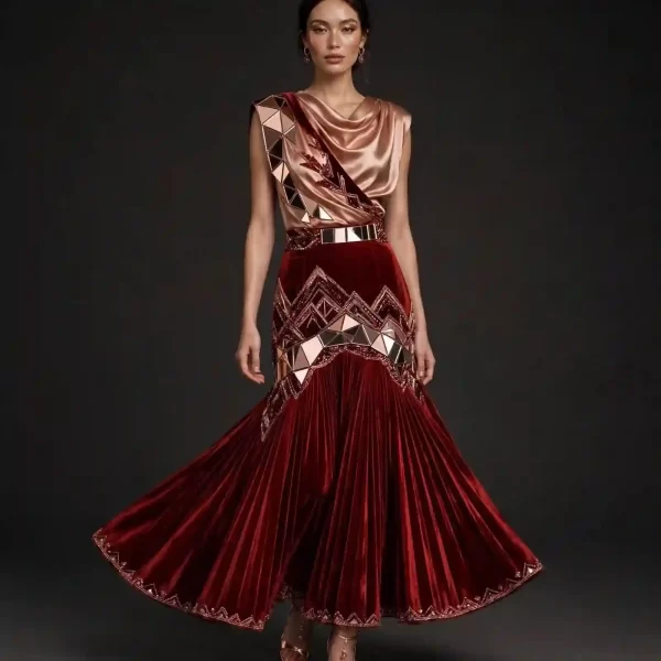 ExpensiveE  Burgundy Wine Copper Rose Gold Mirror Mountain Zigzag Velvet Pleated Mermaid Lehenga Set