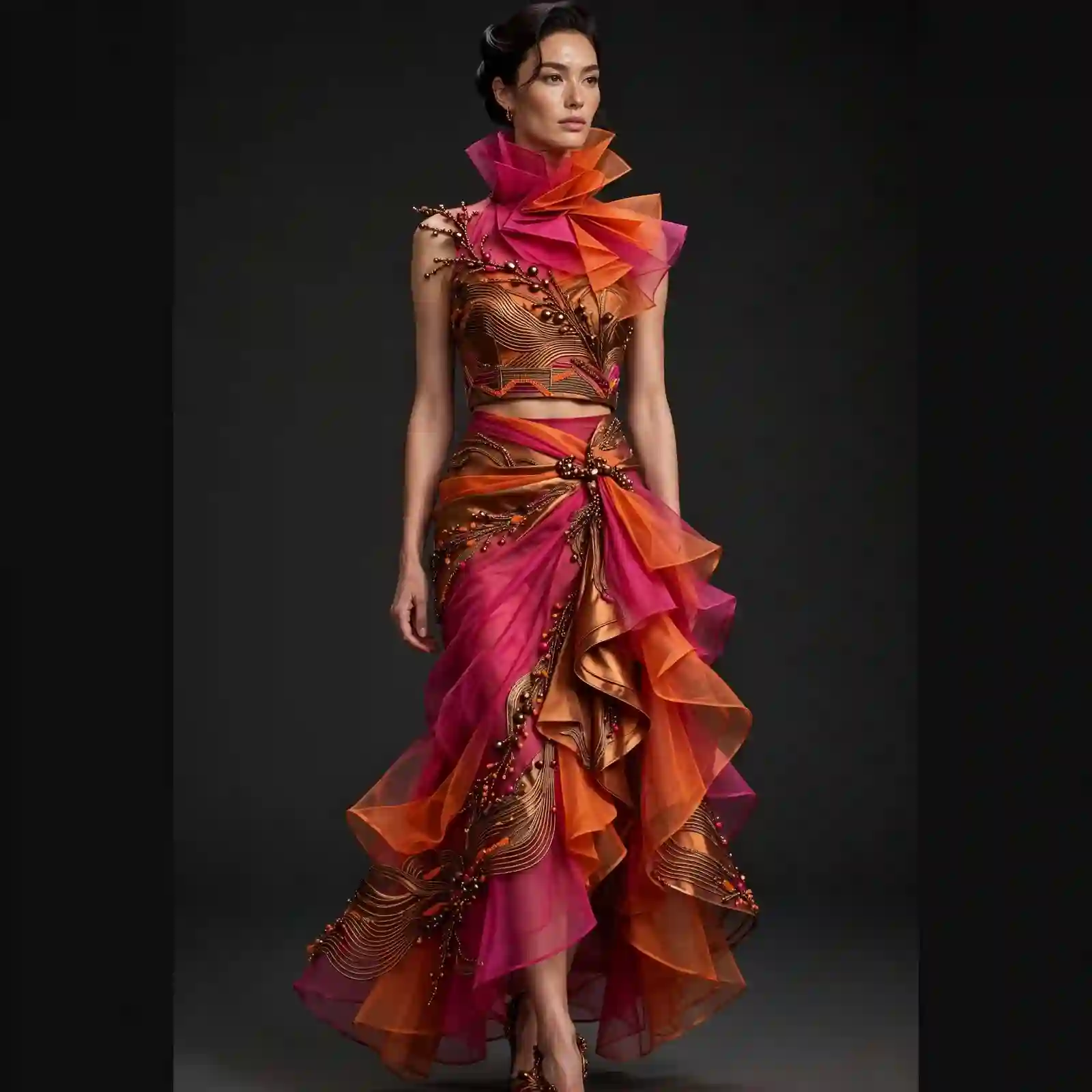 ExpensiveE Fuchsia Orange Copper Ruffle Origami High Neck Crop Top Drape Saree Skirt Set