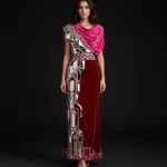 ExpensiveE  Fuschia Pink Red Velvet Mirror Palace Embroidery Draped Lehenga Saree