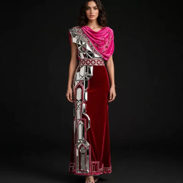 ExpensiveE Fuschia Pink Red Velvet Mirror Palace Embroidery Draped Lehenga Saree