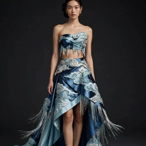 ExpensiveE Ocean Blue Ice Cloud Sculpted Fringe Asymmetric Lehenga Skirt Top Set