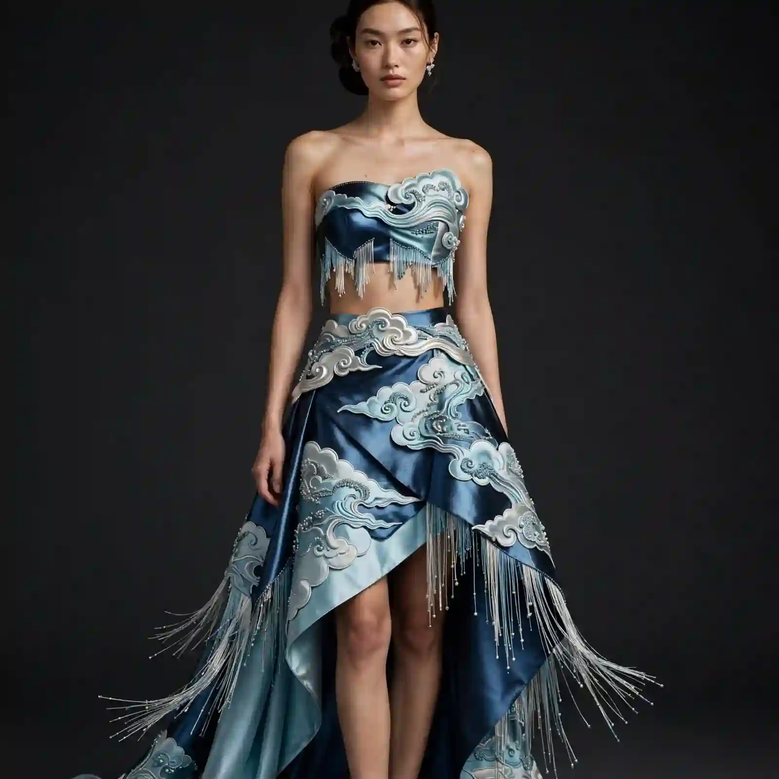 ExpensiveE Ocean Blue Ice Cloud Sculpted Fringe Asymmetric Lehenga Skirt Top Set
