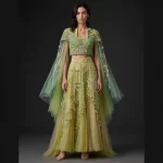 ExpensiveE  Sage Mint Lime Yellow Geometric Crystal Cape Lehenga Set