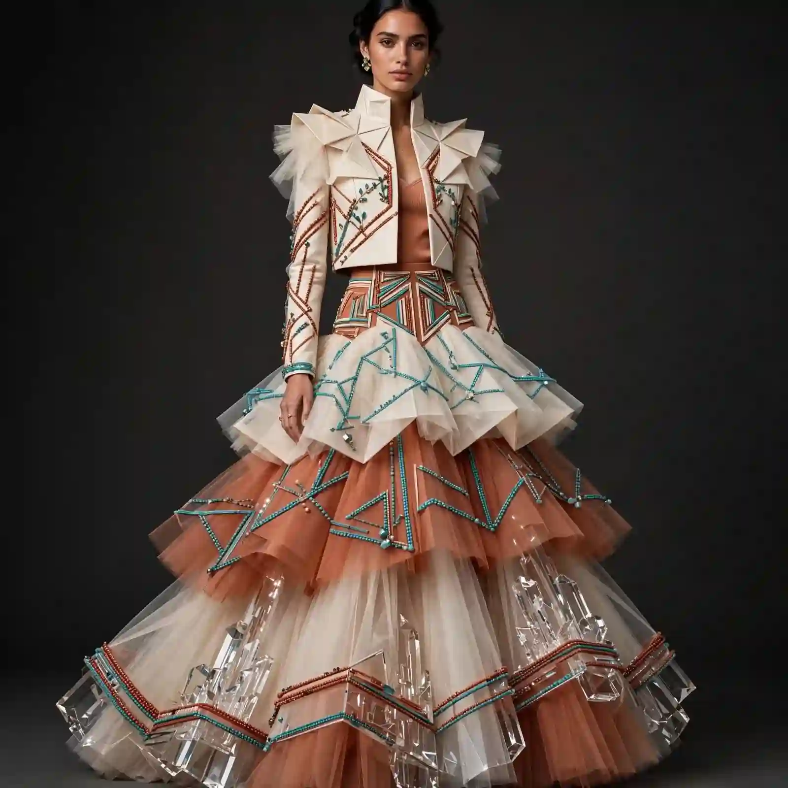ExpensiveE Ivory Peach Crystal Quartz Tiered Tulle Ruffle Lehenga with Origami Jacket