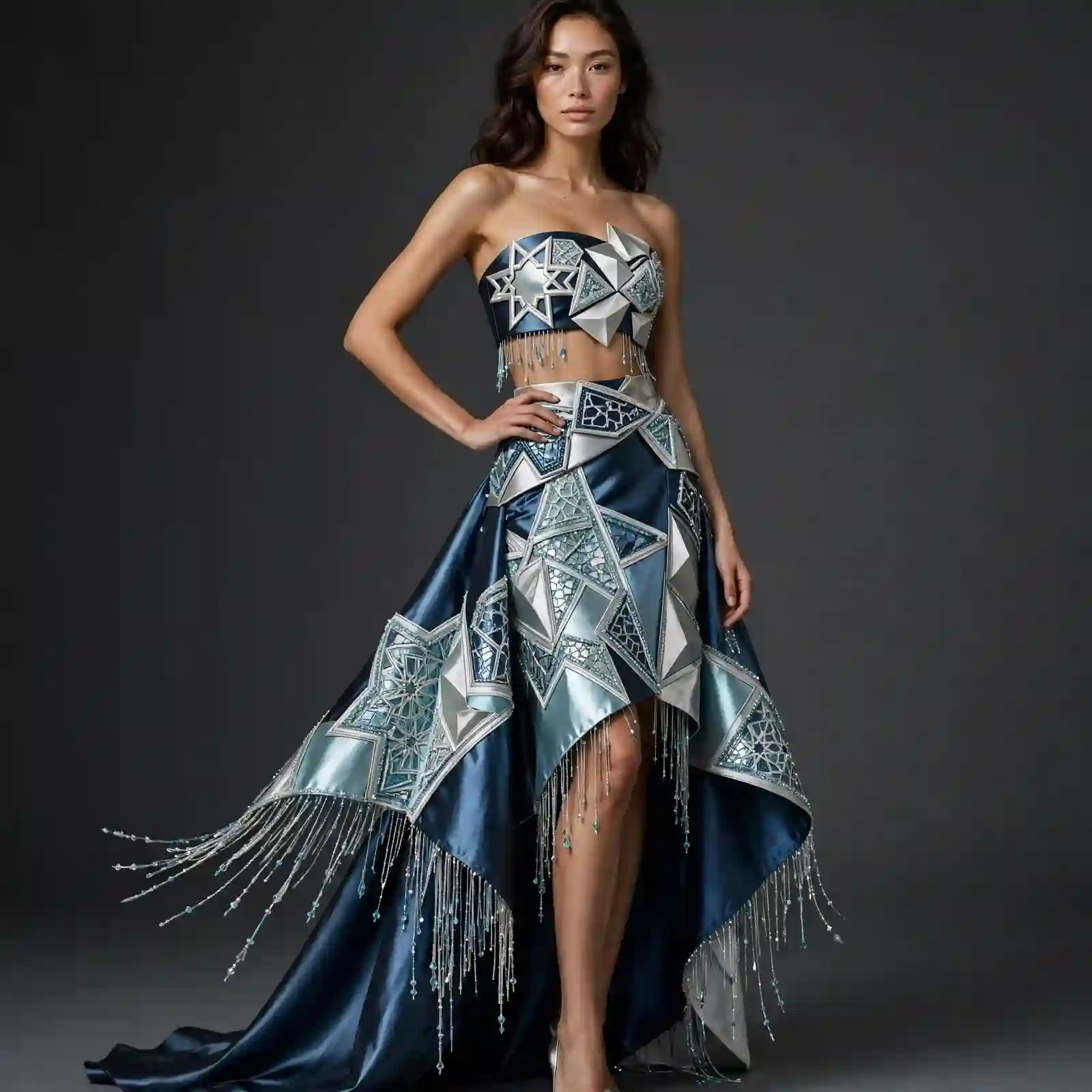 ExpensiveE Midnight Navy Silver Star Geometric Mirror Fringe Strapless Crop Top Asymmetric Skirt Set