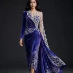 ExpensiveE  Royal Blue White Lattice Cage Cape Draped Velvet Saree Gown Set
