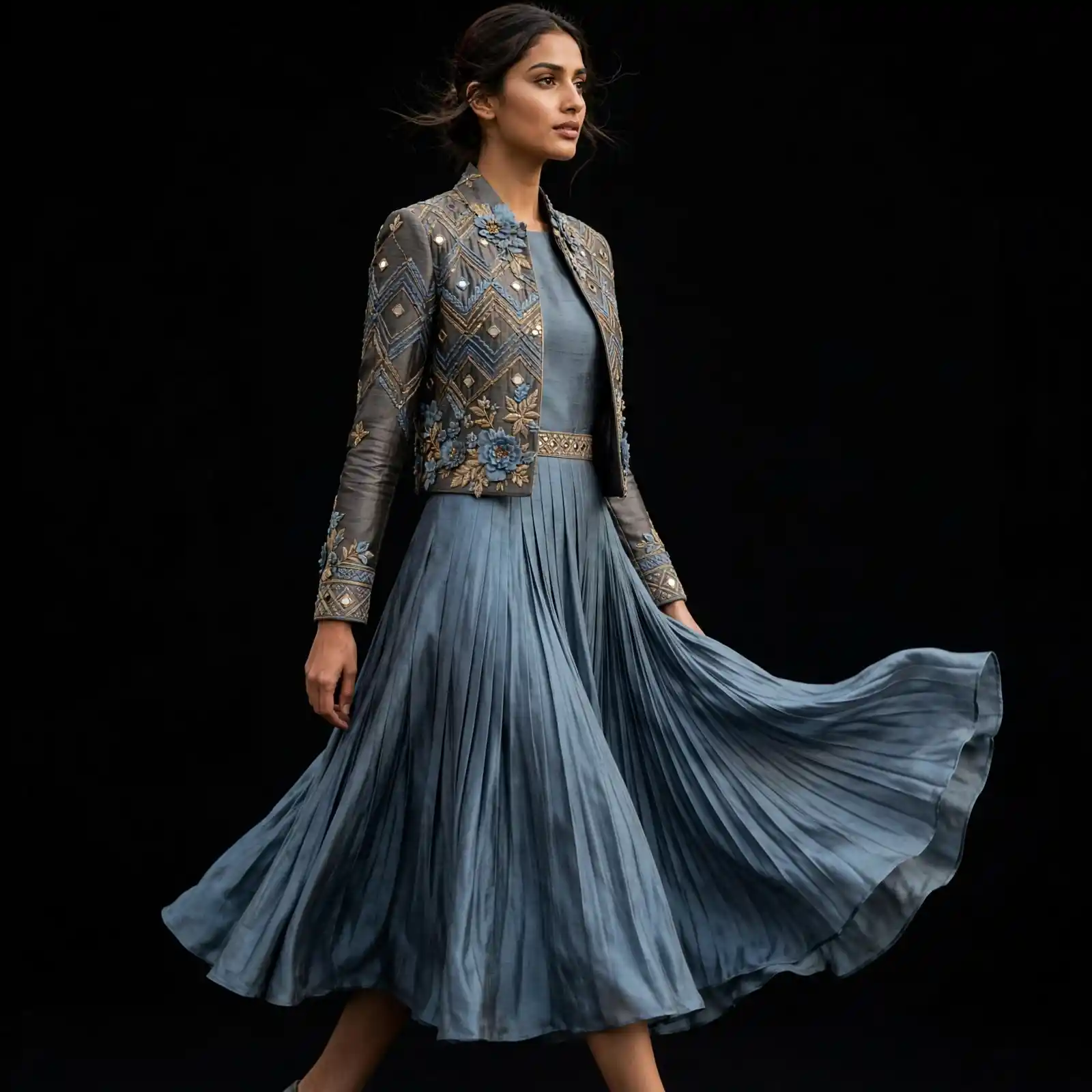 ExpensiveE Dusty Blue Grey Diamond Zigzag Mirror 3D Floral Cropped Jacket Pleated Midi Dress