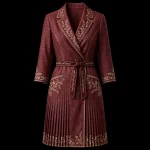 ExpensiveE  Burgundy Wine Leaf Vine Scroll Wrap Belted Pleated Blazer Midi Dress