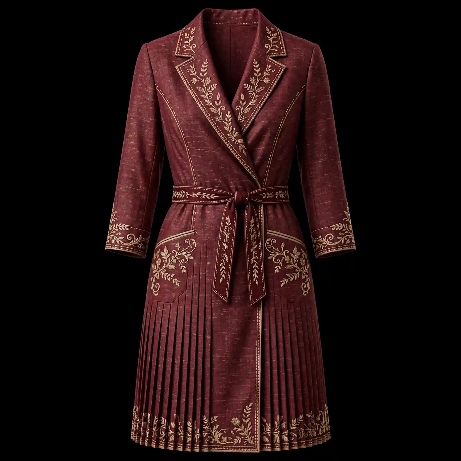 ExpensiveE Burgundy Wine Leaf Vine Scroll Wrap Belted Pleated Blazer Midi Dress
