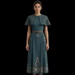 ExpensiveE  Slate Teal Geometric Capelet Belted Pleated Midi Dress