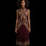 ExpensiveE  Burgundy Maroon Gold Palm Paisley Geometric Pleated Midi Dress